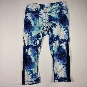 Reebok Womens Blue Tie Dye Capri Leggings Mesh Panels Size Medium M Activewear